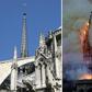 The steeple and spire of Notre-Dame de Paris Cathedral before and during the fire of April 15, 2019