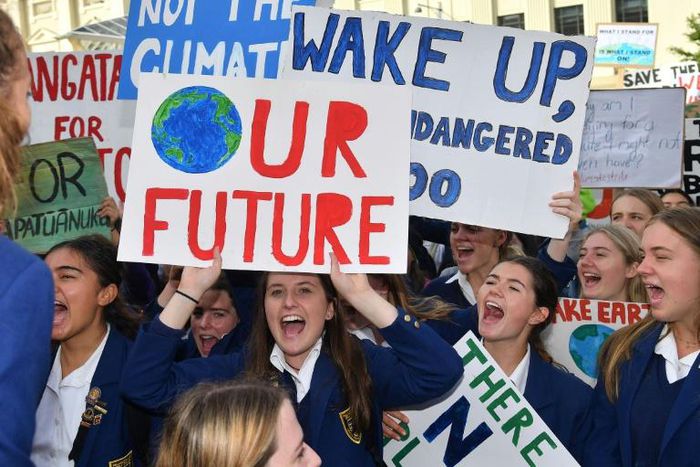 School children protest in the New Zealand capital as part of a worldwide movement to try and highligh inadequate progress to address climate change
