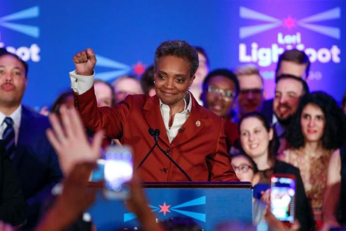 Chicago mayor elect Lori Lightfoot (C) gives an election night victory speech on April 2, 2019.