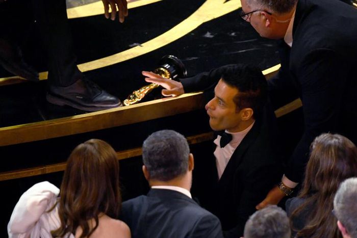Rami Malek Falls Off Stage After Oscars Speech