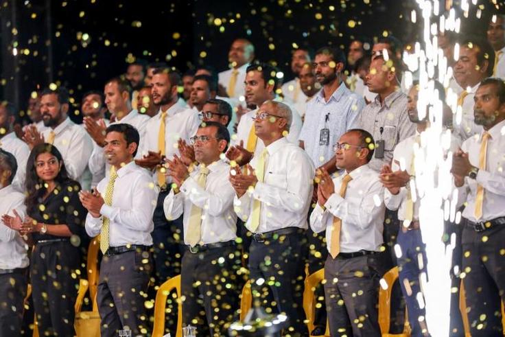 Former president Mohamed Nasheed (3L) at an election rally with the Maldives Democratic Party earlier this year