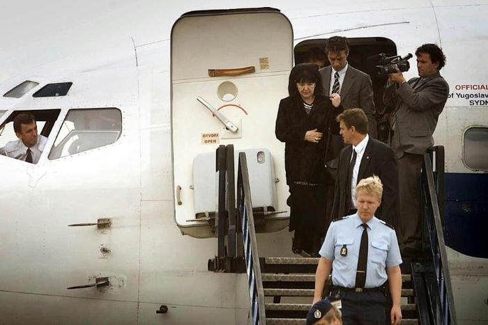 A photo from July 2001 of Mira Markovic, wife of former Yugoslav President Slobodan Milosevic, arriving at Schiphol Airport to visit her husband while in prison near The Hague