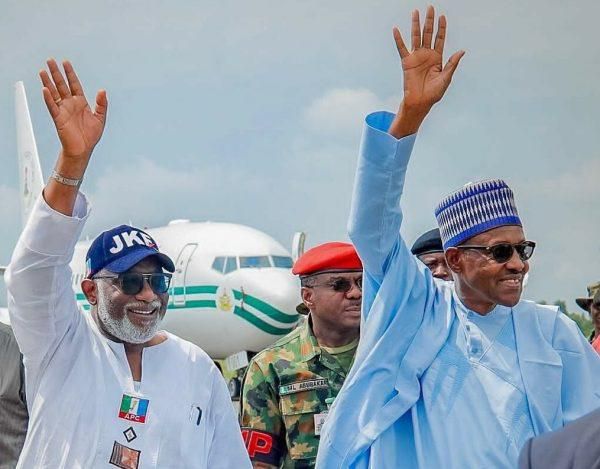 Ondo state Governor, Rotimi Akeredolu (L) and President Buhari (R) at the campaign rally in Ekiti