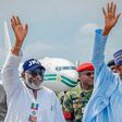 Ondo state Governor, Rotimi Akeredolu (L) and President Buhari (R) at the campaign rally in Ekiti