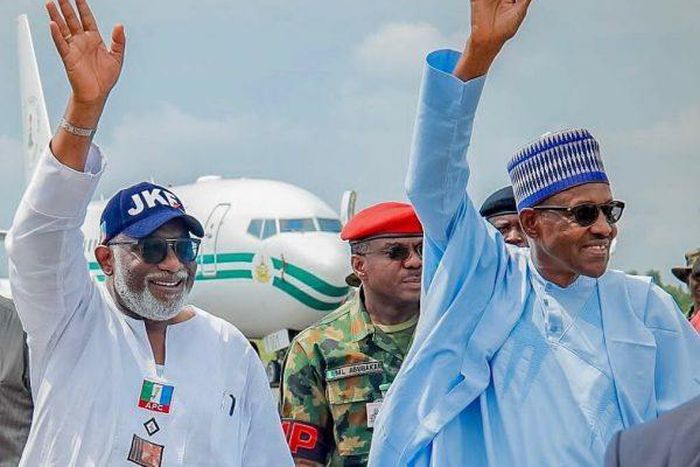 Ondo state Governor, Rotimi Akeredolu (L) and President Buhari (R) at the campaign rally in Ekiti