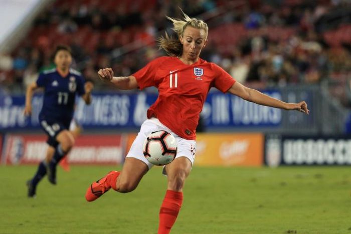 England's Toni Duggan prepares to kick the ball during a 3-0 victory over Japan to clinch the SheBelieves Cup title on Tuesday