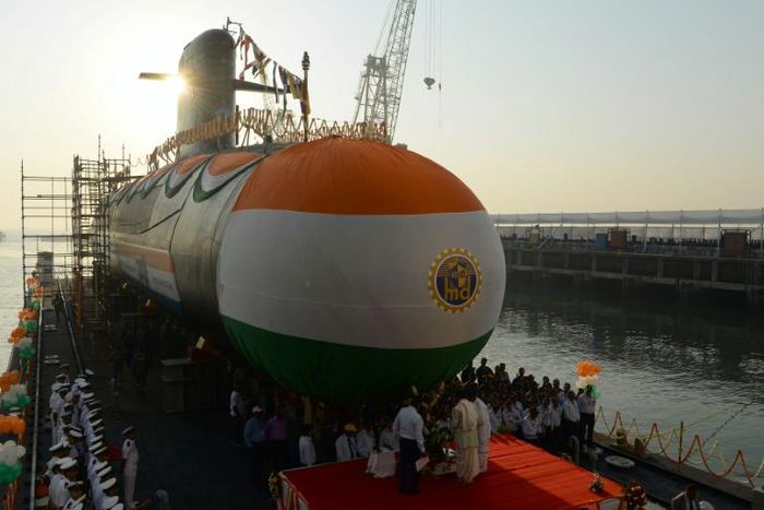 The Indian Navy's third Scorpene-class submarine 'Karanj' at a launch ceremony in Mumbai last year. Pakistan said Tuesday it had stopped an Indian sub from entering its territorial waters