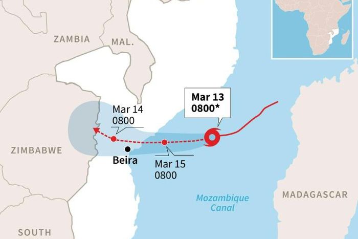 Map showing the forecast path of cyclone Idai which is heading for Mozambique.