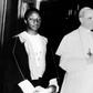 Pope Pius XII (centre) meets exiled King Edward Frederick Mutesa II, Kabaka of Buganda (L) and Queen Damali of Buganda in August 1951