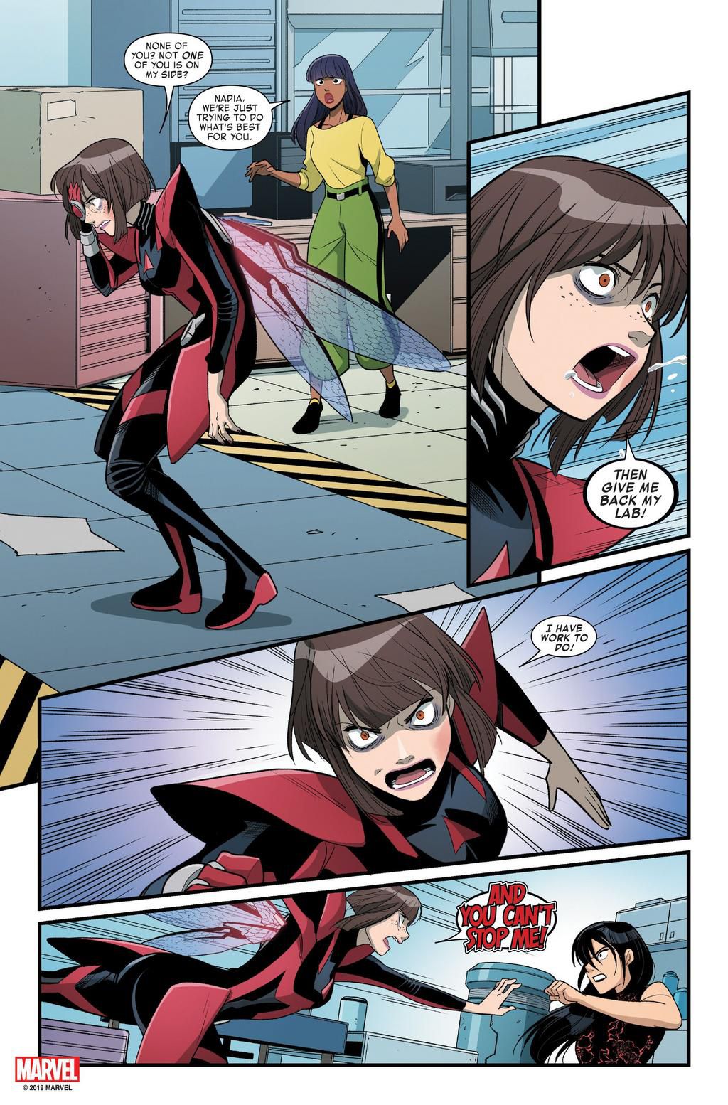 A page from The Unstoppable Wasp Issue No. 5 appearing to show Nadia Van Dyne experiencing a manic episode.