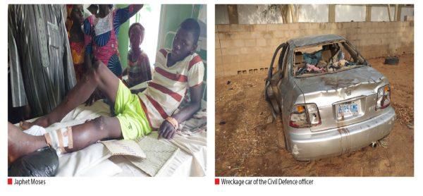 Japhet Moses,one of the survivors of the incident and the wreckage of the car the NSSDC official allegedly drove through the procession of Boys Brigage members on Easter Sunday (Daily Trust)