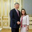 Canadian Foreign Minister Chrystia Freeland (R) shakes hands with shows Ukrainian President Petro Poroshenko during her visit to Kiev, where she affirmed her country "fully supports Ukraine's sovereignty"