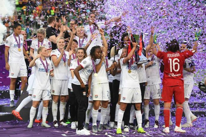 Lyon players celebrate winning their fourth straight Women's Champions League