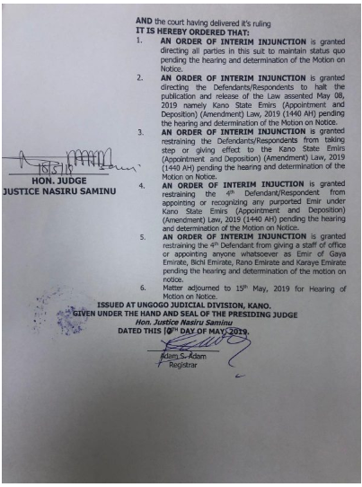 A copy of the court order restraining Ganduje from installing new Emirs. (Cable)