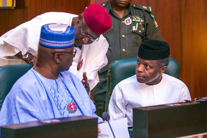 Secretary to the Government of the Federation, Boss Mustapha (left); President Muhammadu Buhari's Chief of Staff, Abba Kyari (middle); and Vice President, Yemi Osinbajo (right) at the Federal Executive Council (FEC) meeting at the Presidential Villa on...