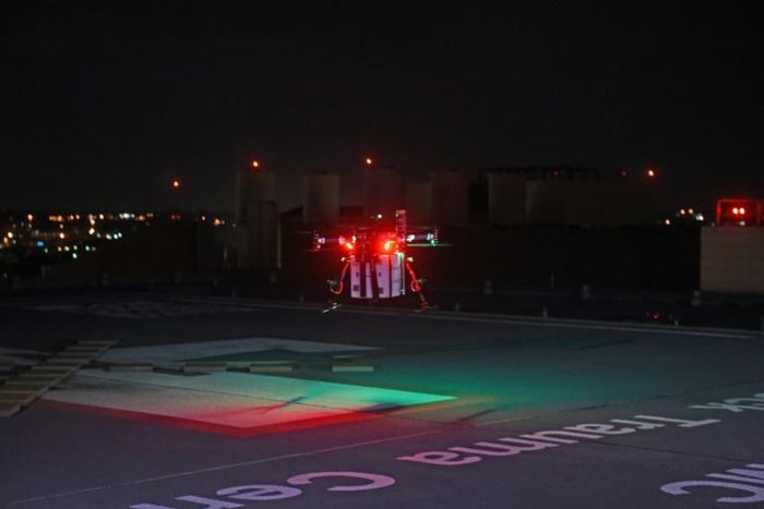 This image courtesy of the University of Maryland Medical Center (UMMC) shows a drone landing as it delivers a kidney for transplant at the UMMC in Baltimore, Maryland, on April 19, 2019.