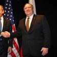 US Secretary of State Mike Pompeo and Russian Foreign Minister Sergei Lavrov pose for the press as they meet on the sidelines of an Arctic Council meeting in Rovaniemi, Finland