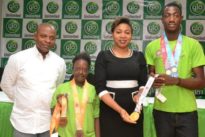 (R-L): Special Olympics Athlete, Chima Maduakor; State Head, SME, Lagos Zone, Globacom, Marie Macfoy; Special Olympics Athlete, Tejumola Ogunlela and Manager, Sports Programmes, Special Olympics Nigeria, Adeola Oladugba, at the reception held by Globac...