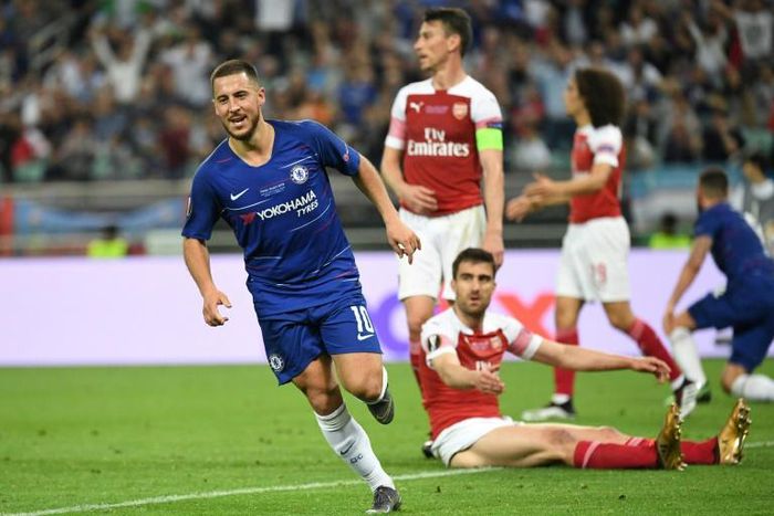 Eden Hazard celebrates after scoring in Chelsea's 4-1 win over Arsenal in the Europa League final in Baku