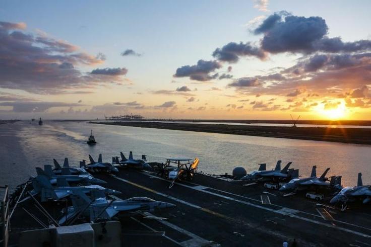 The USS Abraham Lincoln and its carrier group transitting the Suez Canal last week on the way to the Gulf amid rising tensions between Washington and Tehran