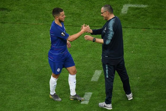 Maurizio Sarri congratulates Eden Hazard after the Belgian scored twice in Chelsea's 4-1 win over Arsenal. But will either man still be at the club next season?