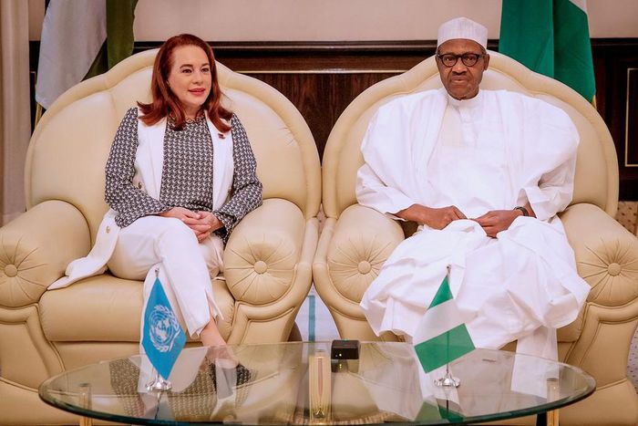 The President of United Nations General Assembly, Maria Fernanda and President Buhari (Twitter MBuhari)