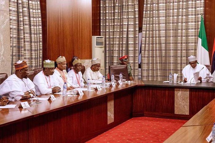 President Muhammadu Buhari hosts members of the United Kingdom-based Foundation for Good Governance for Development in Nigeria at the State House on Tuesday, April 23, 2019 [Facebook/Garba Shehu]
