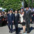 (L-R) CCAF co-presidents Mourad Franck Papazian and Ara Toranian, Armenian Ambassador Hasmik Tolmajian, French Prime Minister Edouard Philippe, Paris mayor Anne Hidalgo and CHREDO president Patrick Karam attend a ceremony for the Armenian genocide