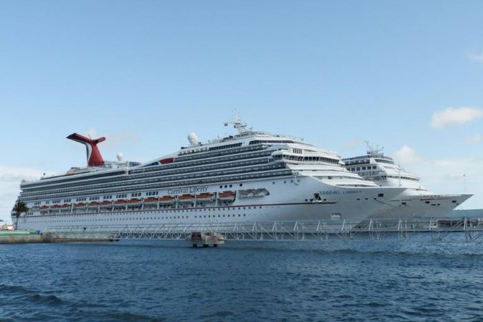 Ships from the Carnival cruise line are seen in Nassau, Bahamas
