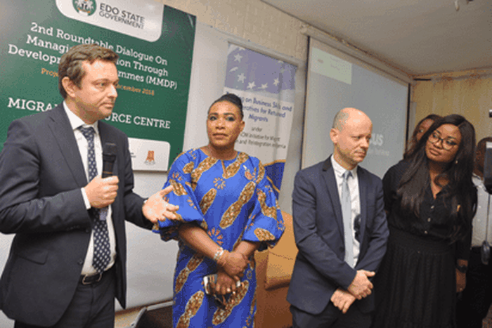 The European Union (EU) Ambassador to Nigeria and the Economic Community of West African States (ECOWAS), Mr. Ketil Karlsen (left); Programme Manager, International Organisation for Migration (IOM), Nigeria, Abraham Tamrat; Uyi Malaki (2nd left); Proje...