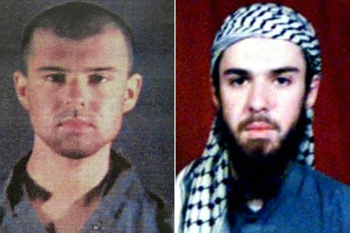 A police file photograph of "American Taliban" John Walker Lindh (E) from 2002, and a picture from when he was a student at a madrassa in Pakistan before he was captured in Afghanistan in 2001