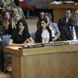 (L-R) Human rights lawyer Amal Clooney joins 2018 Nobel Peace Prize laureates Nadia Murad and Denis Mukwege in urging the United Nations to act against sexual violence in conflicts