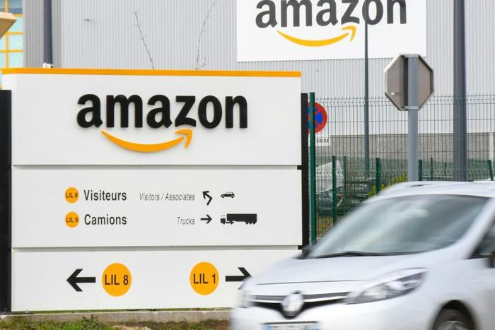 The Amazon logo at one of the e-commerce company's logistics centers in France