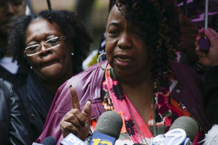 Eric Garner's mother Gwen Carr speaks to reporters in front of police headquarters in New York