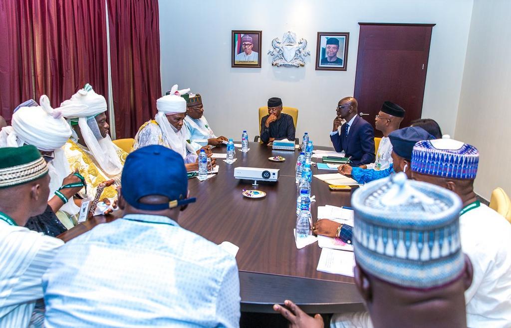 Vice  President Yemi Osinbajo continued his intervention on the Abuja land dispute between the Gbagyi people and the military in his office on Monday, May 13, 2018. [Twitter/@akandeoj]