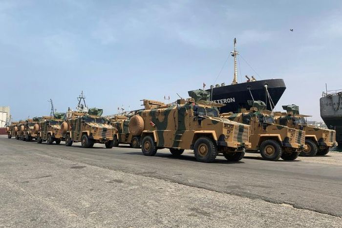 A photo posted on the Facebook Page of the media bureau of "Volcano of Anger" operation on May 18, 2019, reportedly shows Turkish-made armoured personnel vehicles, shipped to Libya's internationally recognised Government of National Accord (GNA), arriv...