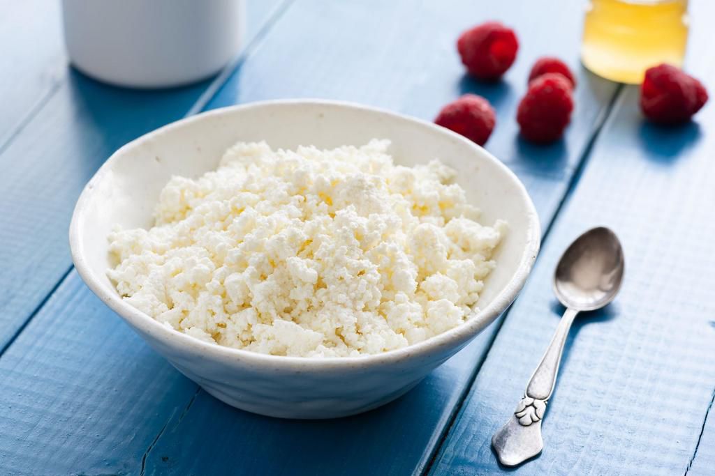 Fresh cottage cheese or ricotta or tvorog in a bowl