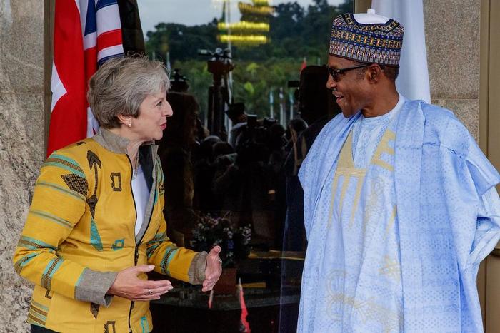 Prime Minister of the United Kingdom, Theresa May, with President Muhammadu Buhari at the Presidential Villa, Abuja, on August 29, 2018