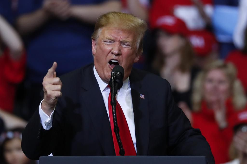 FILE - In this March 28, 2019, file photo, President Donald Trump speaks during a rally in Grand Rapids, Mich. Political nerds, start your streaming devices. Youve got a big Saturday night of programming ahead. President Donald Trump rolls out his comp...