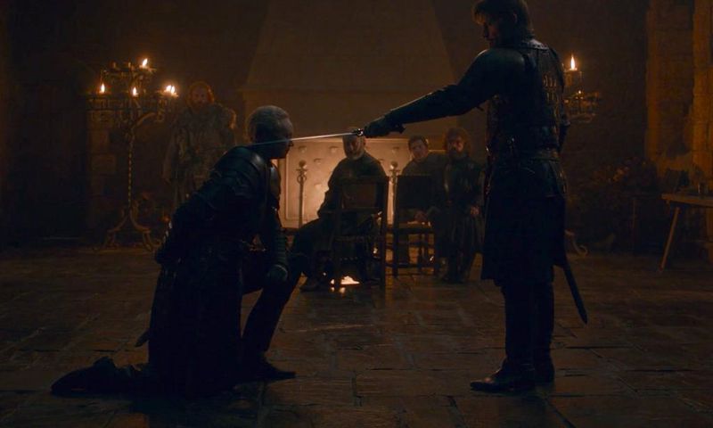 Brienne and Jaime knighting Game of Thrones season 8 episode 2
