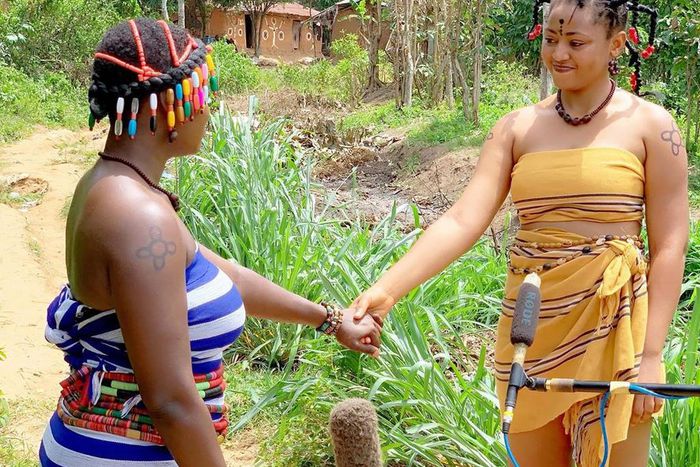 Regina Daniels and Mercy Johnson on the set of 'Royal Dancers' [Instagram/Regina Daniels]