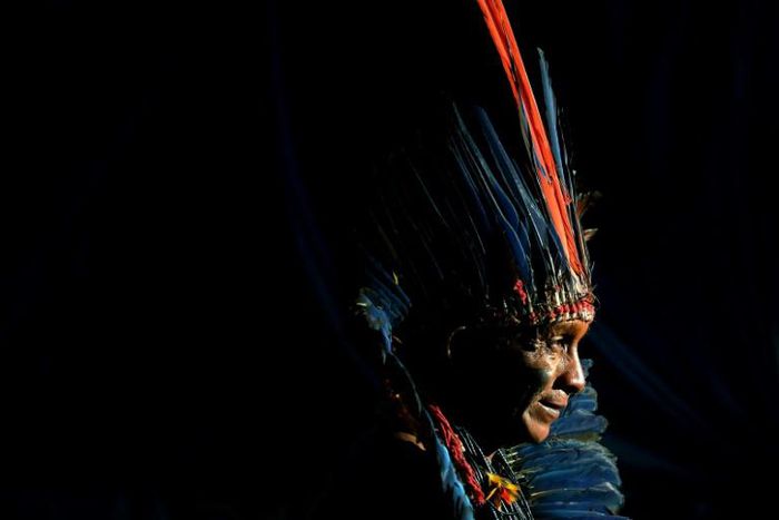 An indigenous man from the Arara tribe at a protest camp in Brasilia on April 25, 2019: some 4,000 indigenous people from different tribes are taking part in protests against encroachments by loggers, miners and farmers on their traditional lands