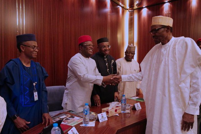 President Muhammadu Buhari in a meeting with a delegation of the Nigeria Governors' Forum (NGF)