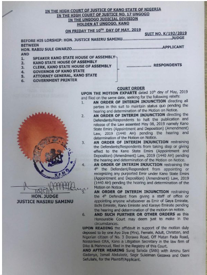 A copy of the court order restraining Ganduje from installing new Emirs. (Cable)