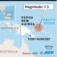 Map of PNG locating a 7.5-magnitude quake.