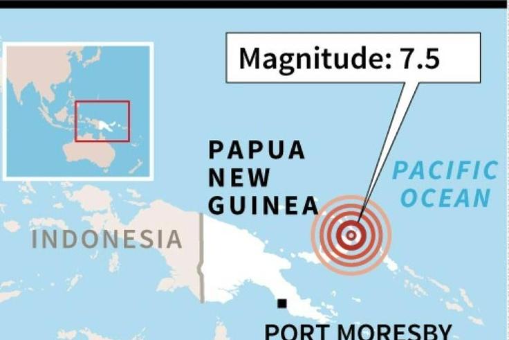 Map of PNG locating a 7.5-magnitude quake.