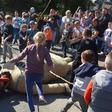 Children beat an effigy of Judas on Good Friday in the town of Pruchnik, Poland