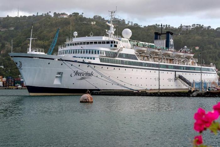 The Freewinds cruise ship owned by the Church of Scientology is seen docked in quarantine at the Point Seraphine terminal in Castries, Saint Lucia, on May 2, 2019