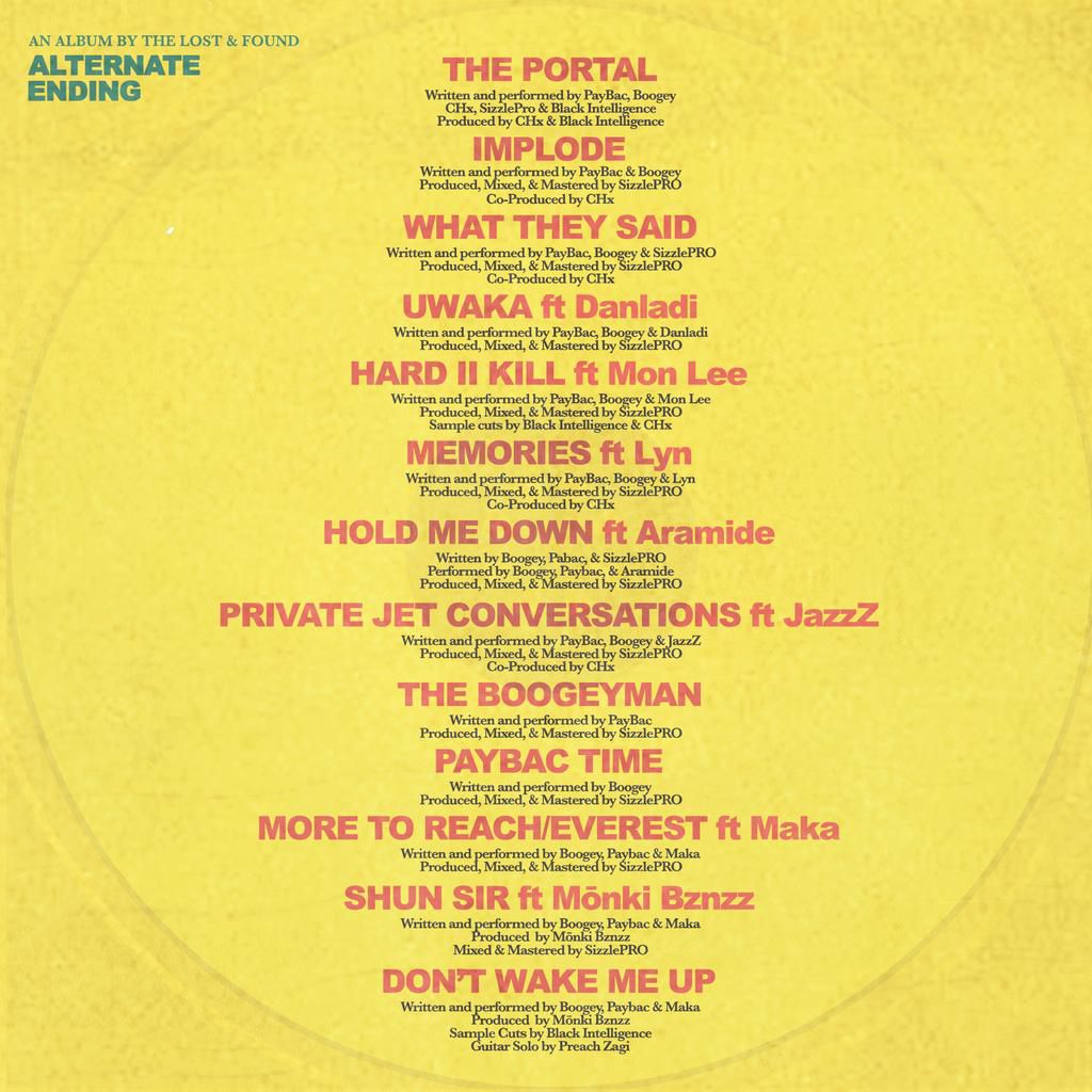 The track list and credits for 'Alternate Ending' by The Lost and Found (Boogey and Paybac). (The Lost and Found)