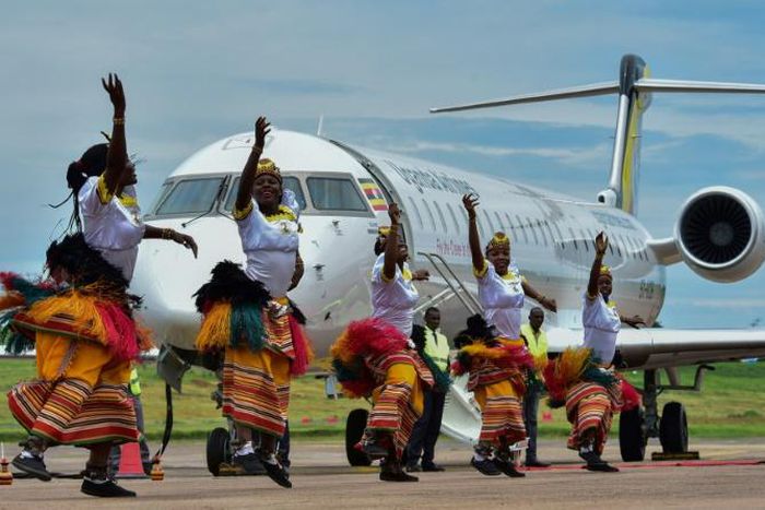 Two Bombardier CRJ900 jet airliners, which can carry up to 90 people each, landed at Entebbe airport outside the capital Kampala during a ceremony attended by President Yoweri Museveni